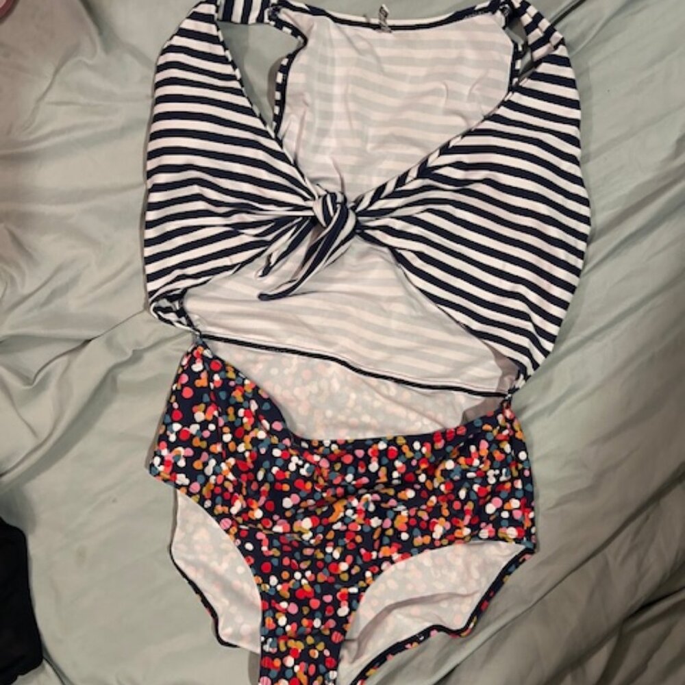 size medium womens one piece swim suit striped white blue colorful